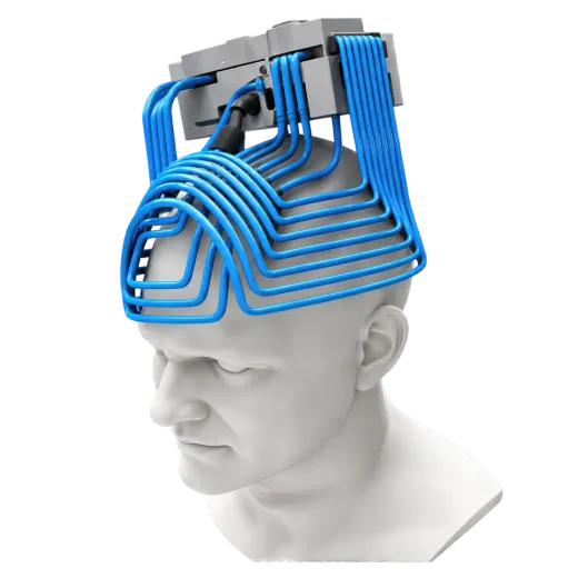 BrainsWay H1 Deep TMS coil array worn over the head of a model
